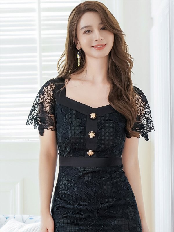 画像4: [送料無料][GINZA COUTURE]ブラック・ホワイト・タイト・レース・シンプル・半袖・ミディアムドレス・ワンピース[即日発送][大きいサイズあり] (4)