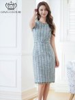 画像7: [送料無料][GINZA COUTURE]パープル・ブルー・ツイード・フリンジ・ノースリーブ・ベルト・タイト・膝丈・ミディアムドレス・ワンピース[即日発送][大きいサイズあり] (7)