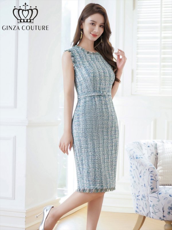 画像8: [送料無料][GINZA COUTURE]パープル・ブルー・ツイード・フリンジ・ノースリーブ・ベルト・タイト・膝丈・ミディアムドレス・ワンピース[即日発送][大きいサイズあり] (8)