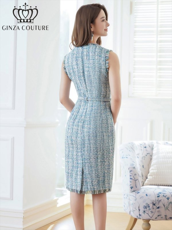 画像9: [送料無料][GINZA COUTURE]パープル・ブルー・ツイード・フリンジ・ノースリーブ・ベルト・タイト・膝丈・ミディアムドレス・ワンピース[即日発送][大きいサイズあり] (9)