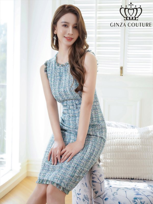 画像12: [送料無料][GINZA COUTURE]パープル・ブルー・ツイード・フリンジ・ノースリーブ・ベルト・タイト・膝丈・ミディアムドレス・ワンピース[即日発送][大きいサイズあり] (12)