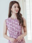 画像4: [送料無料][GINZA COUTURE]パープル・ブルー・ツイード・フリンジ・ノースリーブ・ベルト・タイト・膝丈・ミディアムドレス・ワンピース[即日発送][大きいサイズあり] (4)