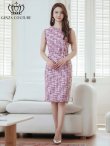画像5: [送料無料][GINZA COUTURE]パープル・ブルー・ツイード・フリンジ・ノースリーブ・ベルト・タイト・膝丈・ミディアムドレス・ワンピース[即日発送][大きいサイズあり] (5)