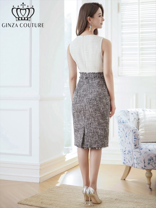 画像3: [送料無料][GINZA COUTURE]ホワイトxブラック・ツイード・タイト・ノースリーブ・ミディアムドレス・ワンピース[即日発送][大きいサイズあり] (3)