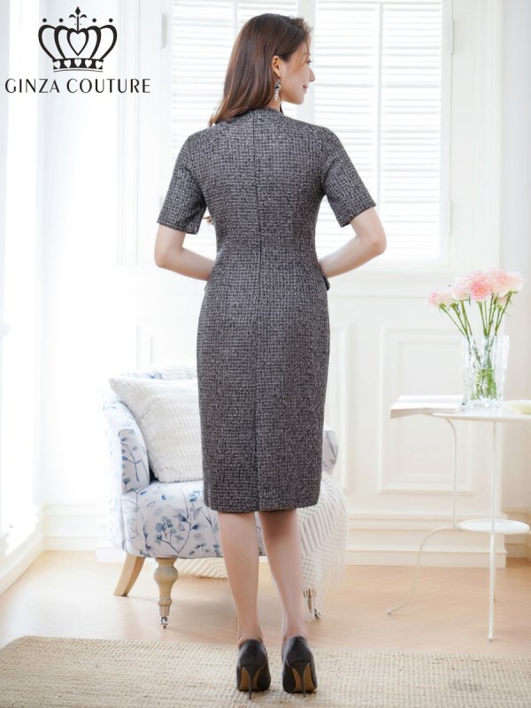 画像3: [送料無料][GINZA COUTURE]グレー・ワインレッド・半袖・ツイード・タイト・フロントポケット・ポイントボタン・ミディアムドレス・ワンピース[即日発送][大きいサイズあり] (3)