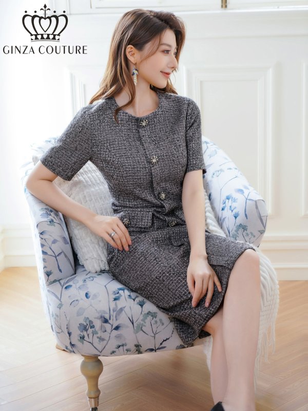 画像6: [送料無料][GINZA COUTURE]グレー・ワインレッド・半袖・ツイード・タイト・フロントポケット・ポイントボタン・ミディアムドレス・ワンピース[即日発送][大きいサイズあり] (6)