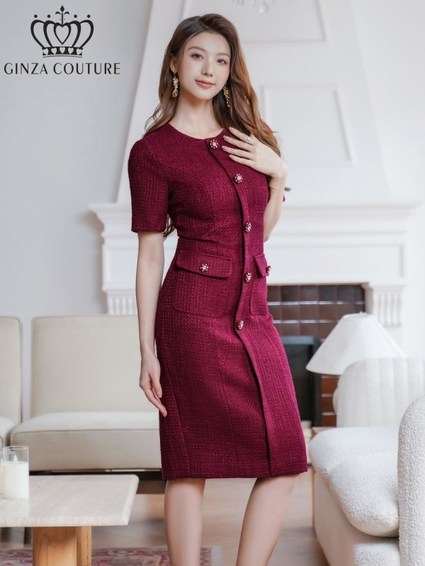 画像8: [送料無料][GINZA COUTURE]グレー・ワインレッド・半袖・ツイード・タイト・フロントポケット・ポイントボタン・ミディアムドレス・ワンピース[即日発送][大きいサイズあり] (8)