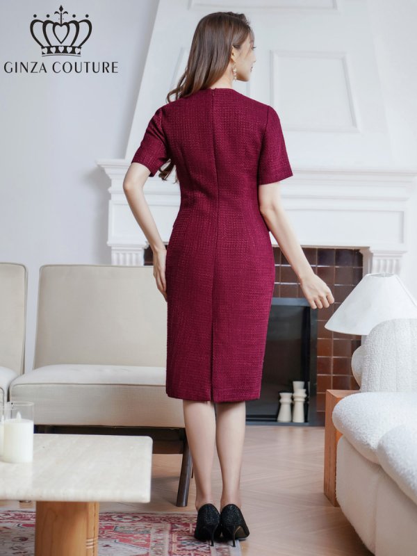 画像9: [送料無料][GINZA COUTURE]グレー・ワインレッド・半袖・ツイード・タイト・フロントポケット・ポイントボタン・ミディアムドレス・ワンピース[即日発送][大きいサイズあり] (9)