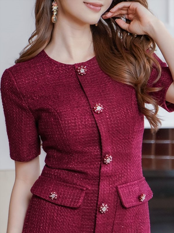 画像10: [送料無料][GINZA COUTURE]グレー・ワインレッド・半袖・ツイード・タイト・フロントポケット・ポイントボタン・ミディアムドレス・ワンピース[即日発送][大きいサイズあり] (10)