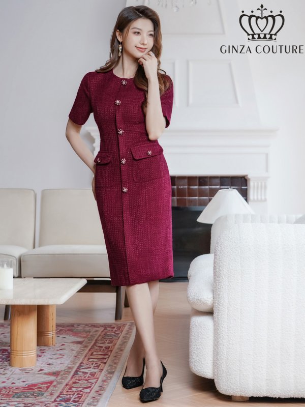 画像11: [送料無料][GINZA COUTURE]グレー・ワインレッド・半袖・ツイード・タイト・フロントポケット・ポイントボタン・ミディアムドレス・ワンピース[即日発送][大きいサイズあり] (11)