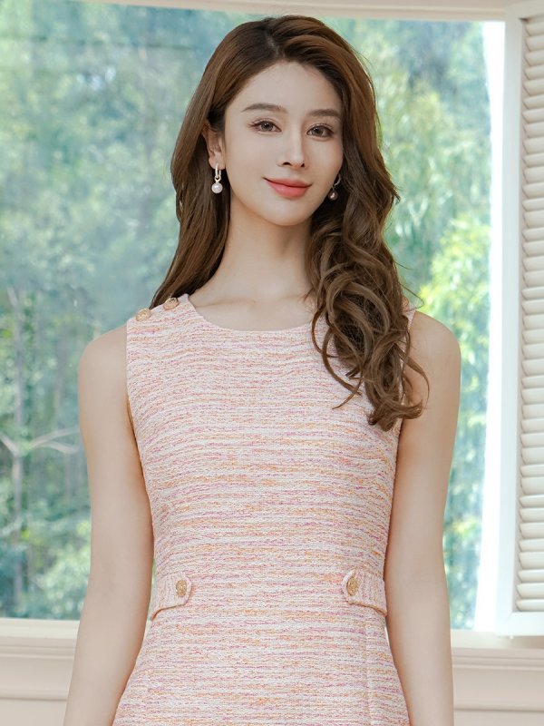 画像16: [送料無料][GINZA COUTURE]ブルー・グレー・ピンク・シンプル・ノースリーブ・ツイード・タイト・膝丈・ミディアムドレス・ワンピース[即日発送][大きいサイズあり] (16)