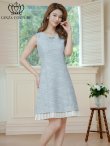 画像1: [送料無料][GINZA COUTURE]ブルー・ピンク・ノースリーブ・ビジューブローチ・ツイード・金糸・裾プリーツ・Aライン・ミニドレス・ワンピース[即日発送][大きいサイズあり] (1)