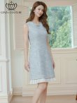 画像2: [送料無料][GINZA COUTURE]ブルー・ピンク・ノースリーブ・ビジューブローチ・ツイード・金糸・裾プリーツ・Aライン・ミニドレス・ワンピース[即日発送][大きいサイズあり] (2)