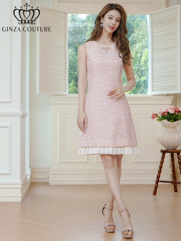 画像12: [送料無料][GINZA COUTURE]ブルー・ピンク・ノースリーブ・ビジューブローチ・ツイード・金糸・裾プリーツ・Aライン・ミニドレス・ワンピース[即日発送][大きいサイズあり] (12)