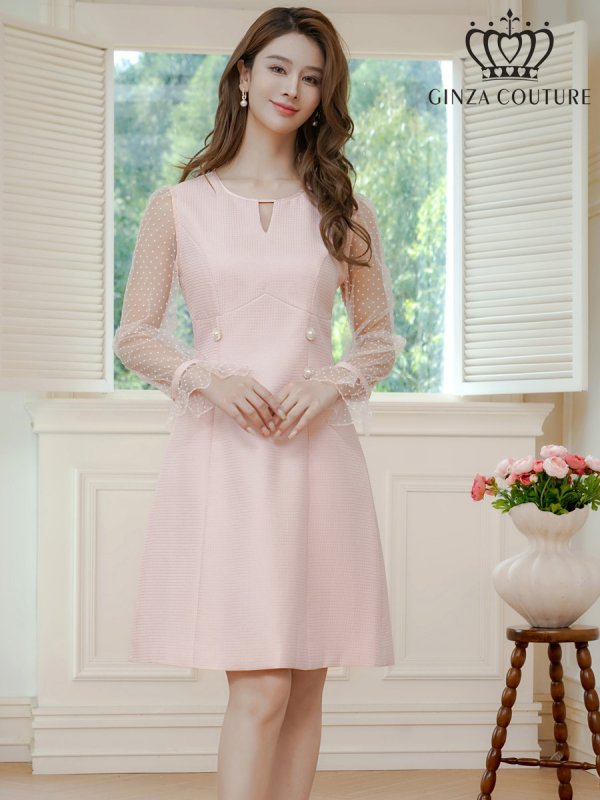 画像2: [送料無料][GINZA COUTURE]ピンク・ホワイト・長袖・シースルー・サマーツイード・ドット・パール・ビジューボタン・Aライン・ミニドレス・ワンピース[即日発送][大きいサイズあり] (2)