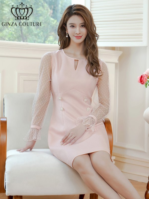 画像6: [送料無料][GINZA COUTURE]ピンク・ホワイト・長袖・シースルー・サマーツイード・ドット・パール・ビジューボタン・Aライン・ミニドレス・ワンピース[即日発送][大きいサイズあり] (6)