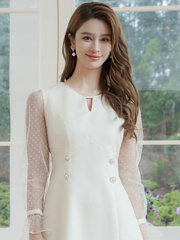 画像10: [送料無料][GINZA COUTURE]ピンク・ホワイト・長袖・シースルー・サマーツイード・ドット・パール・ビジューボタン・Aライン・ミニドレス・ワンピース[即日発送][大きいサイズあり] (10)