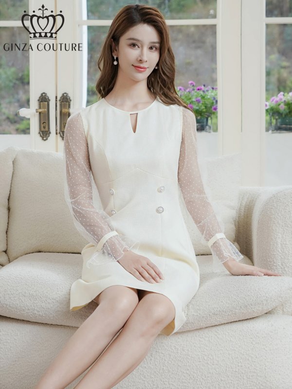 画像12: [送料無料][GINZA COUTURE]ピンク・ホワイト・長袖・シースルー・サマーツイード・ドット・パール・ビジューボタン・Aライン・ミニドレス・ワンピース[即日発送][大きいサイズあり] (12)