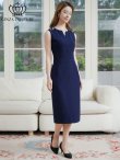 画像2: [GINZA COUTURE]ネイビー・胸元Vカット・ノースリーブ・金ボタン・ウエストマーク・タイト・ミディアムドレス・ワンピース[即日発送][大きいサイズあり] (2)