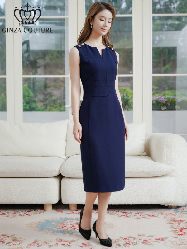 画像2: [送料無料][GINZA COUTURE]ネイビー・胸元Vカット・ノースリーブ・金ボタン・ウエストマーク・タイト・ミディアムドレス・ワンピース[即日発送][大きいサイズあり] (2)