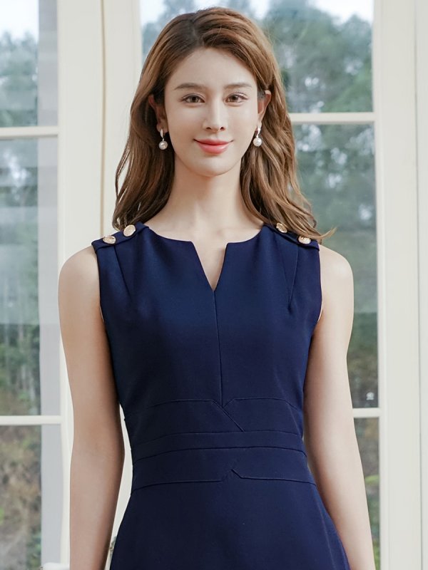 画像4: [送料無料][GINZA COUTURE]ネイビー・胸元Vカット・ノースリーブ・金ボタン・ウエストマーク・タイト・ミディアムドレス・ワンピース[即日発送][大きいサイズあり] (4)