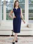 画像5: [GINZA COUTURE]ネイビー・胸元Vカット・ノースリーブ・金ボタン・ウエストマーク・タイト・ミディアムドレス・ワンピース[即日発送][大きいサイズあり] (5)