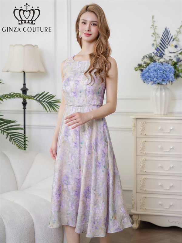画像2: [送料無料][GINZA COUTURE]パープル・ノースリーブ・花柄・プリント・ボールチェーン・切替・Aライン・ミディアムドレス・ワンピース[即日発送][大きいサイズあり] (2)
