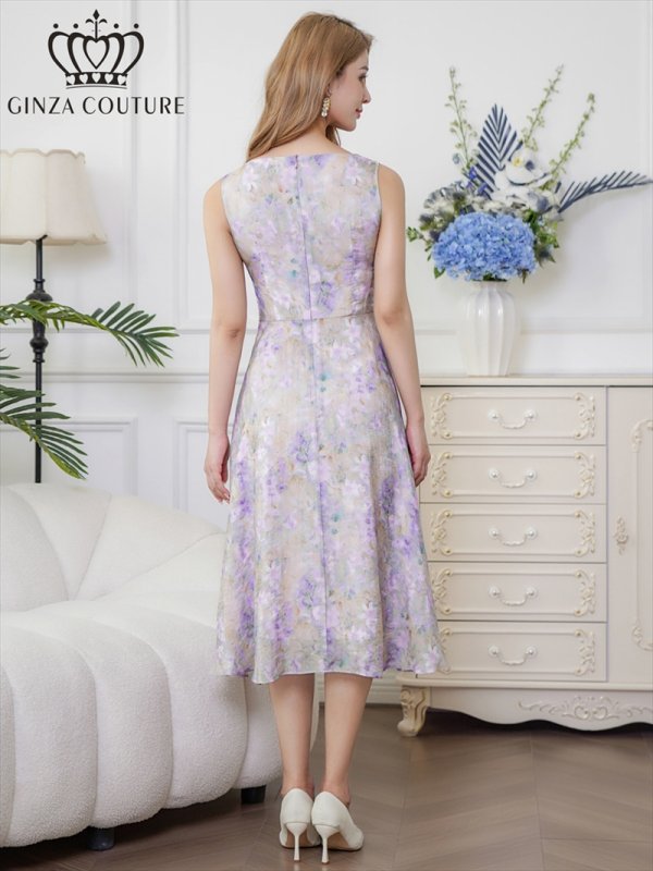 画像3: [送料無料][GINZA COUTURE]パープル・ノースリーブ・花柄・プリント・ボールチェーン・切替・Aライン・ミディアムドレス・ワンピース[即日発送][大きいサイズあり] (3)