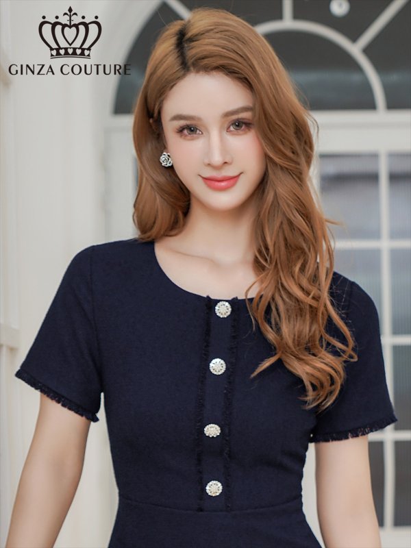 画像10: [送料無料][GINZA COUTURE]イエロー・ネイビー・フリンジ・ビジュー・パールボタン・上品・半袖・Aライン・ミディアムドレス・ワンピース[即日発送][大きいサイズあり] (10)