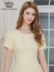 画像4: [送料無料][GINZA COUTURE]イエロー・ネイビー・フリンジ・ビジュー・パールボタン・上品・半袖・Aライン・ミディアムドレス・ワンピース[即日発送][大きいサイズあり] (4)