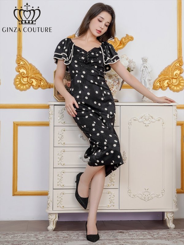 画像2: [送料無料][GINZA COUTURE]ブラック・ホワイト・サテンジャガード・花柄・ドット・プリント・フリルスリーブ・パイピング・ビーズ・ラインストーン・タイト・ミディアムドレス・ワンピース[即日発送][大きいサイズあり] (2)