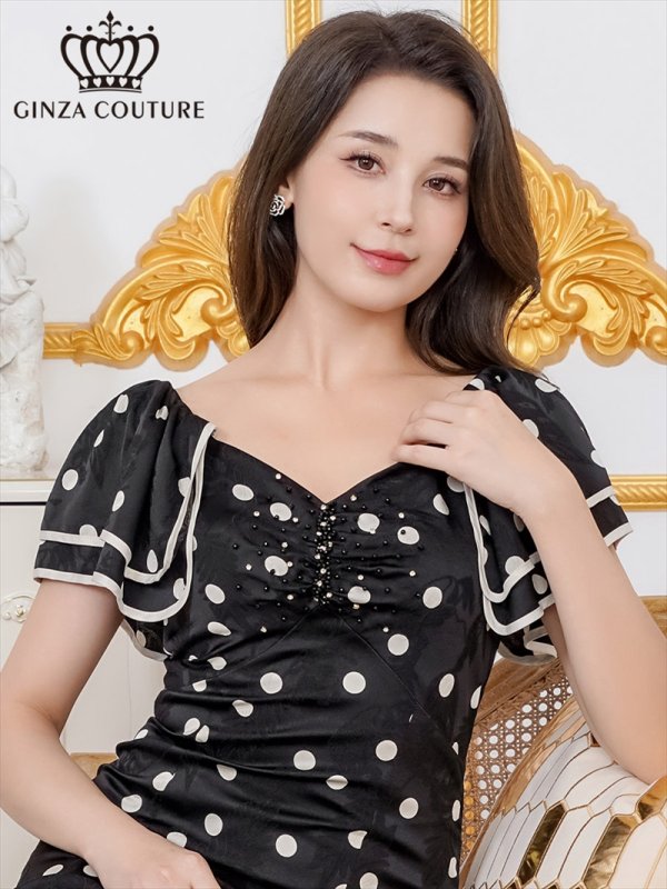 画像4: [送料無料][GINZA COUTURE]ブラック・ホワイト・サテンジャガード・花柄・ドット・プリント・フリルスリーブ・パイピング・ビーズ・ラインストーン・タイト・ミディアムドレス・ワンピース[即日発送][大きいサイズあり] (4)