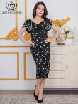画像5: [送料無料][GINZA COUTURE]ブラック・ホワイト・サテンジャガード・花柄・ドット・プリント・フリルスリーブ・パイピング・ビーズ・ラインストーン・タイト・ミディアムドレス・ワンピース[即日発送][大きいサイズあり] (5)