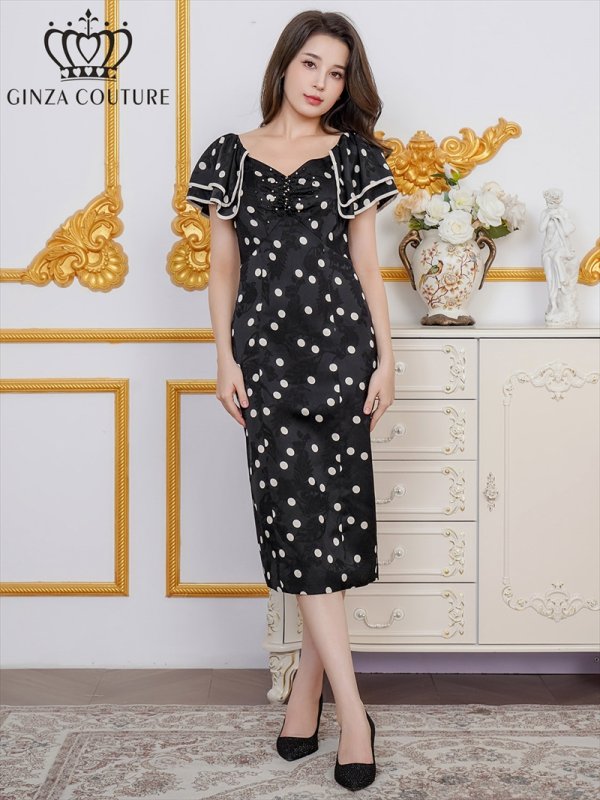画像6: [送料無料][GINZA COUTURE]ブラック・ホワイト・サテンジャガード・花柄・ドット・プリント・フリルスリーブ・パイピング・ビーズ・ラインストーン・タイト・ミディアムドレス・ワンピース[即日発送][大きいサイズあり] (6)