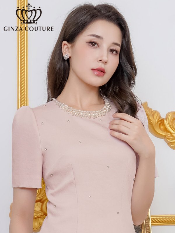 画像4: [送料無料][GINZA COUTURE]ピンク・アイボリー・ブラック・半袖・パール・ラインストーン・Aライン・ミニドレス・ワンピース[即日発送][大きいサイズあり] (4)