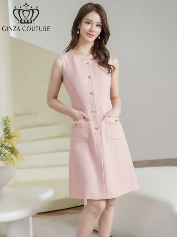 画像2: [送料無料][GINZA COUTURE]ピンク・ホワイト・イエロー・ワンカラー・ツイード・フリンジ・ノースリーブ・ビジューボタン・ポケット・Aライン・ミニドレス・ワンピース[即日発送][大きいサイズあり] (2)