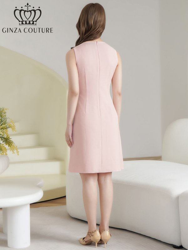 画像3: [送料無料][GINZA COUTURE]ピンク・ホワイト・イエロー・ワンカラー・ツイード・フリンジ・ノースリーブ・ビジューボタン・ポケット・Aライン・ミニドレス・ワンピース[即日発送][大きいサイズあり] (3)