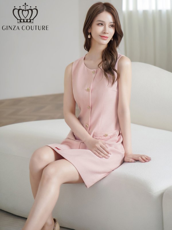 画像6: [送料無料][GINZA COUTURE]ピンク・ホワイト・イエロー・ワンカラー・ツイード・フリンジ・ノースリーブ・ビジューボタン・ポケット・Aライン・ミニドレス・ワンピース[即日発送][大きいサイズあり] (6)