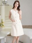 画像8: [送料無料][GINZA COUTURE]イエロー・ホワイト・ピンク・ワンカラー・ツイード・フリンジ・ノースリーブ・ビジューボタン・ポケット・Aライン・ミニドレス・ワンピース[即日発送][大きいサイズあり] (8)