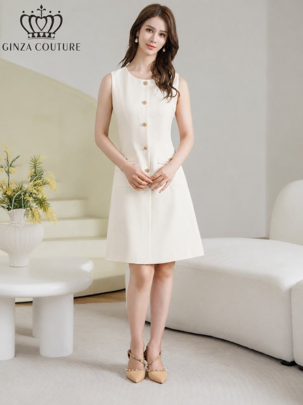 画像11: [送料無料][GINZA COUTURE]イエロー・ホワイト・ピンク・ワンカラー・ツイード・フリンジ・ノースリーブ・ビジューボタン・ポケット・Aライン・ミニドレス・ワンピース[即日発送][大きいサイズあり] (11)