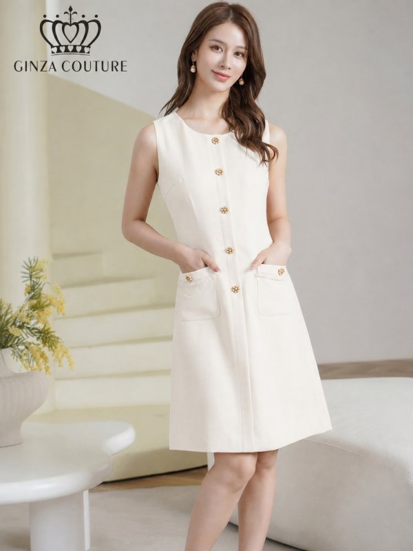 画像12: [送料無料][GINZA COUTURE]イエロー・ホワイト・ピンク・ワンカラー・ツイード・フリンジ・ノースリーブ・ビジューボタン・ポケット・Aライン・ミニドレス・ワンピース[即日発送][大きいサイズあり] (12)