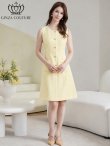 画像5: [送料無料][GINZA COUTURE]イエロー・ホワイト・ピンク・ワンカラー・ツイード・フリンジ・ノースリーブ・ビジューボタン・ポケット・Aライン・ミニドレス・ワンピース[即日発送][大きいサイズあり] (5)
