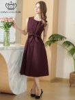 画像1: [送料無料][GINZA COUTURE]ワインレッド・ネイビー・ワンカラー・シンプル・ノースリーブ・前ボタン・リボンベルト・ポケット・Aライン・ミディアムドレス・ワンピース[即日発送][大きいサイズあり] (1)