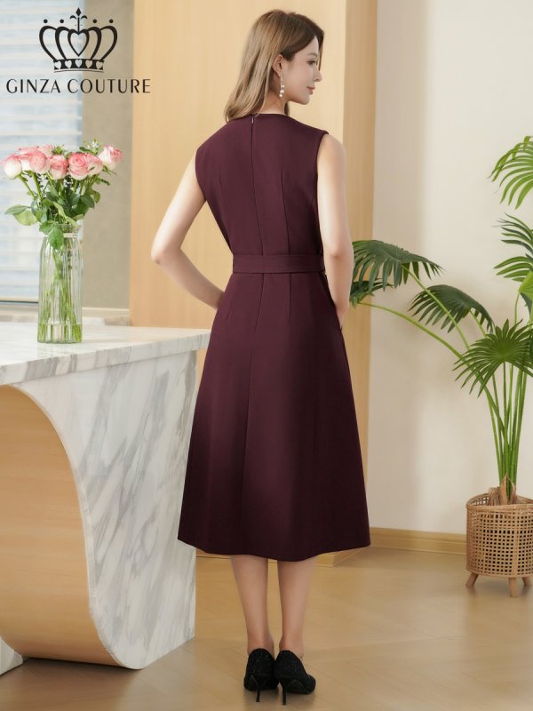 画像3: [送料無料][GINZA COUTURE]ワインレッド・ネイビー・ワンカラー・シンプル・ノースリーブ・前ボタン・リボンベルト・ポケット・Aライン・ミディアムドレス・ワンピース[即日発送][大きいサイズあり] (3)
