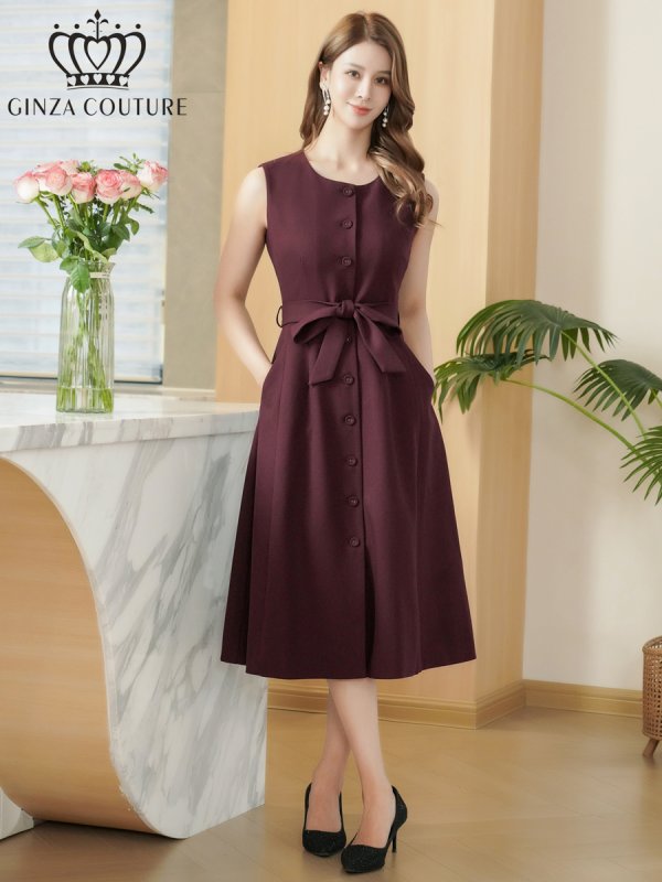 画像5: [送料無料][GINZA COUTURE]ワインレッド・ネイビー・ワンカラー・シンプル・ノースリーブ・前ボタン・リボンベルト・ポケット・Aライン・ミディアムドレス・ワンピース[即日発送][大きいサイズあり] (5)