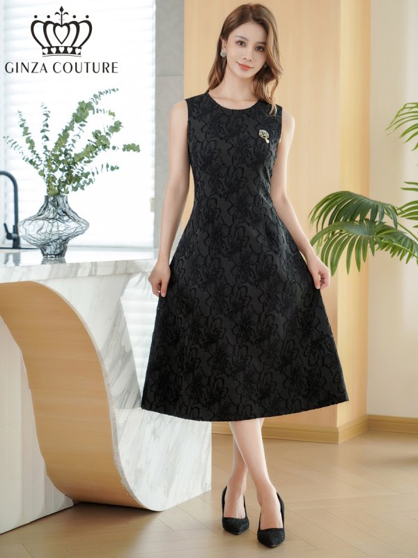 画像1: [送料無料][GINZA COUTURE]ブラック・グリーン・花柄・シワ加工・ノースリーブ・ブローチ・ポケット・Aライン・ミディアムドレス・ワンピース[即日発送][大きいサイズあり] (1)