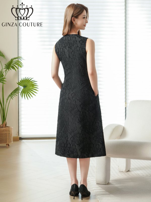 画像3: [送料無料][GINZA COUTURE]ブラック・グリーン・花柄・シワ加工・ノースリーブ・ブローチ・ポケット・Aライン・ミディアムドレス・ワンピース[即日発送][大きいサイズあり] (3)
