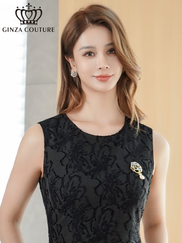 画像4: [送料無料][GINZA COUTURE]ブラック・グリーン・花柄・シワ加工・ノースリーブ・ブローチ・ポケット・Aライン・ミディアムドレス・ワンピース[即日発送][大きいサイズあり] (4)