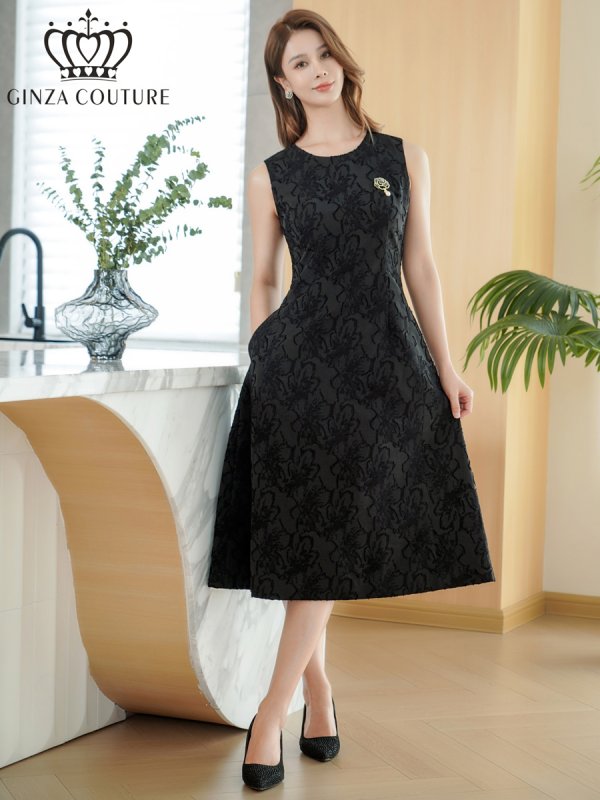 画像5: [送料無料][GINZA COUTURE]ブラック・グリーン・花柄・シワ加工・ノースリーブ・ブローチ・ポケット・Aライン・ミディアムドレス・ワンピース[即日発送][大きいサイズあり] (5)