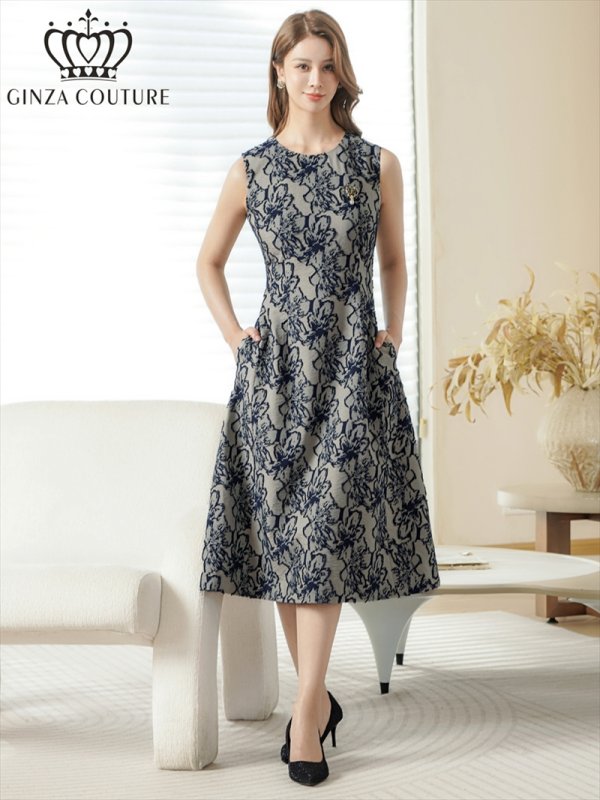 画像7: [送料無料][GINZA COUTURE]ブラック・グリーン・花柄・シワ加工・ノースリーブ・ブローチ・ポケット・Aライン・ミディアムドレス・ワンピース[即日発送][大きいサイズあり] (7)